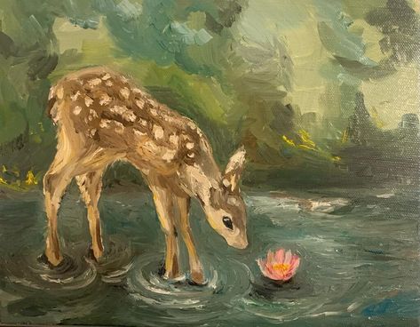 Absolutely gorgeous whimsical painting of a deer in the forest, made in oil. Magical Deer Art, Water Paint Aesthetic, Forest Painting With Animals, Deer Forest Painting, Deer Oil Pastel, Doe Painting Deer, Bambi Painting Canvas, Cute Forest Painting, Painting Of A Forest