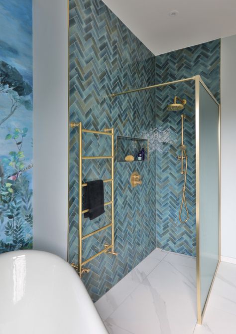 Brass Fittings Bathroom, Blue Green Shower Tile, Blue And Brass Bathroom, Designer Bathrooms Luxury, Green Shower Tile, Aston Matthews, Coastal Boho Decor, Blue Green Tile, Blue Shower Tile