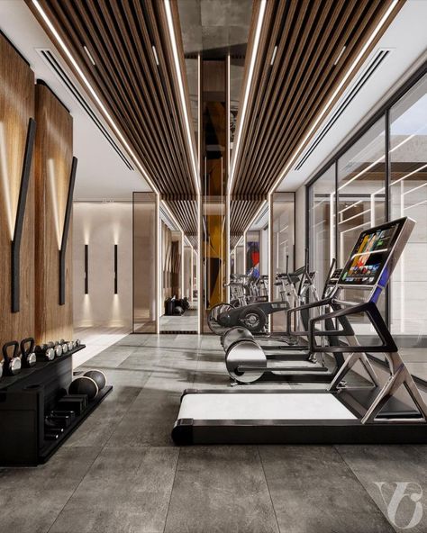 This projects by Võlu Studios are so gorgeous. We love all the details, the colors, and the gold appointments. What do you think? Small Gym Design Interior, Modern Home Gym Design, Home Gym Design Luxury, Brand Kits, Gym Design Interior, Small Bedroom Layout, Luxury Gym, Hotel Lobby Design, Luxury Hospitality