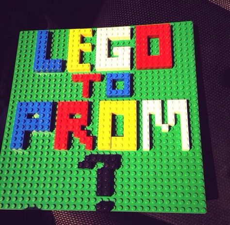 #promposal #prom2014 Lego Prom Proposal, Lego Hoco Proposals Ideas, Lego Homecoming Proposal, Lego Promposal Ideas, Lego Hoco Proposal, Lego Promposal, Prom Poster Ideas, Dance Proposal Ideas, Winter Formal Proposal