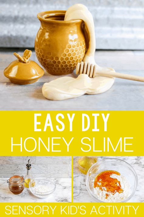 Make your own honey slime with this recipe using natural ingredients! Honey Slime | Natural SLime Recipe | Honey Sensory Activity | Sensory Slime Recipe | DIY Slime Recipe | Life Over C's #honeyslime #slimerecipe #slime #naturalslime #honey #sensory #sensoryactivity #lifeovercs Bumble Bee Eyfs Activities, Outdoor Bee Activities For Preschool, Honey Comb Craft Preschool, Bees Sensory Activities, Honey Activity For Preschool, Bee Day Activities For Toddlers, Honey Sensory Bin, Honey Bee Dramatic Play, Honeybee Preschool Activities