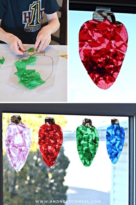 A collage of photos showing giant colorful Christmas light suncatchers hanging in a window as well as a closeup of a child's hand making one Suncatchers Craft, Christmas Suncatchers, Easy Christmas Craft, Christmas Lesson, December Crafts, Diy Christmas Lights, Christmas Crafts For Toddlers, Toddler Art Projects, Preschool Christmas Crafts