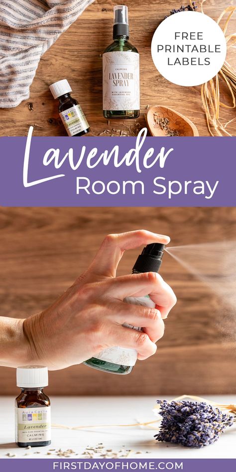 Make your own DIY lavender room spray with essential oils. Download free printable labels for your personal use to give as DIY gifts. #firstdayofhome #lavenderspray #essentialoil #diygifts Diy Room Spray Essential Oils, Room Spray With Essential Oils, Fragrance Oil Recipes, Body Spray Recipe, Homemade Room Spray, Diy Linen Spray, Lavender Room Spray, Lavender Pillow Spray, Room Spray Recipe