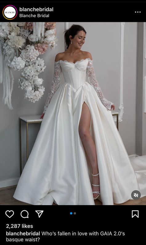 Long Sleeved Off Shoulder Wedding Dress, Dramaric Wedding Dress, Wedding Dress To Cover Tattoos, Unique Wedding Dresses A Line, Wedding Dress With Detached Sleeves, Renassaince Wedding Dress, Wedding Dresses With A Long Train, Plus Size Wedding Dresses Elegant, Alternative Wedding Dress Modern Bride Pant Suits