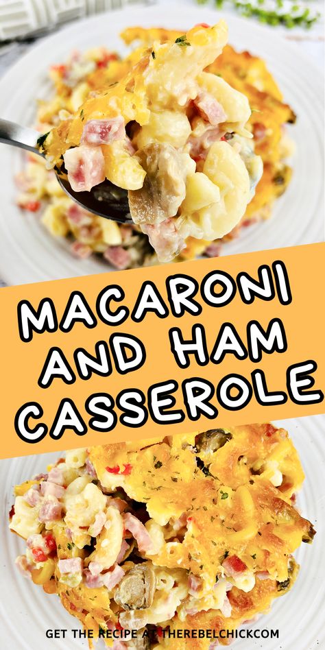 Our Macaroni and Ham Casserole recipe combines ham, mushrooms, pimentos, and everything we love about mac and cheese into a one pot meal! Macaroni And Ham Casserole, Ham Spaghetti Recipes, Recipes With Ham Cubes, Ham And Mushroom Recipes, Recipes Using Elbow Macaroni, Macaroni And Cheese With Ham, Ham And Macaroni Casserole, Casseroles With Ham, Ham Casserole Recipes Easy