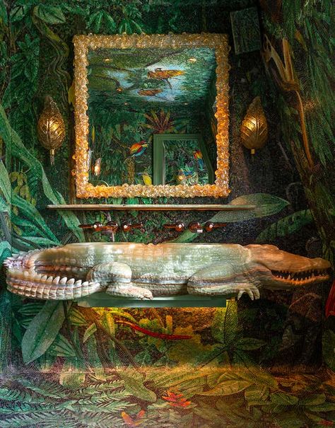 Matteo's by Martin Brudnizki Design Studio | 1stDibs Club Bathroom, Martin Brudnizki, Antique Candelabras, Jean Louis Deniot, Man Bathroom, Curved Mirror, Corner Seating, Jungle Scene, Hall Of Mirrors