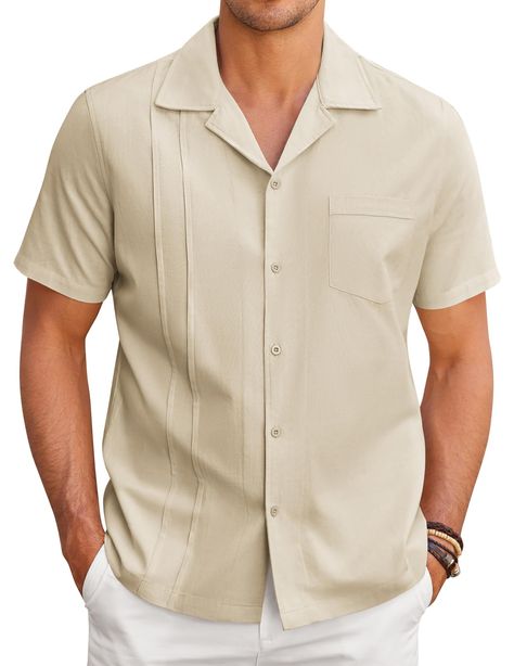 PRICES MAY VARY. High Quality Linen Fabric: Mens short sleeve cuban shirts are made of high quality grade linen fabric.Feature with skin friendly, lightweight and breathable, that keep you feeling refreshed even on the hottest days.Stay cool and comfortable all summer long Cuban Guayabera Design: Mens guayabera shirts featuring cuban collar, front pockets and decorative pleats, it exudes a sophisticated and elegant look. Whether you're simply going out for a casual outing or have a summer vacati Mens Guayabera Shirts, Cuban Guayabera, Guayabera Shirt, Linen Shirts, Summer Linen, Shirt Short Sleeve, Button Down Shirts, Design