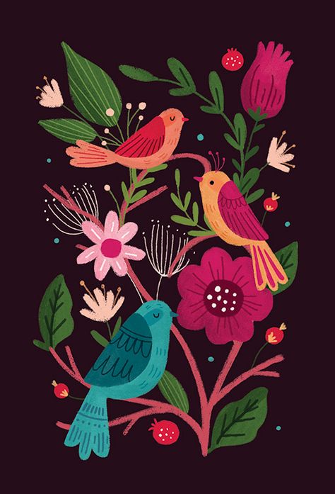 Folk Art On Black Background, Art With Black Background, 자작나무 그림, Black Background Art, Birds Colorful, Black Background Painting, Background Inspiration, Arte Folk, Posca Art