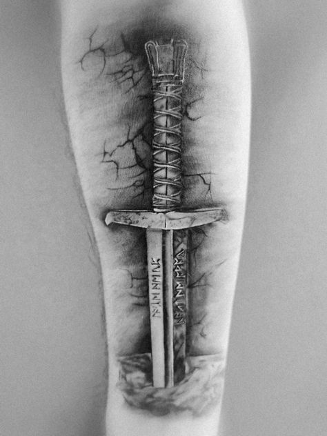 King Arthur Tattoo Ideas, Mens Viking Tattoos, Viking Swords Tattoo, King Arthur Tattoo, Swords Tattoos, Excalibur Tattoo, Badass Sleeve Tattoos, Arm Tattoos For Guys Forearm, Viking Warrior Tattoos