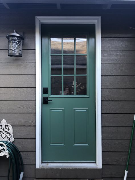 Brown House Exterior Ideas Paint, Green Front Door Gray House, Green Front Door Black House, Door Color For Charcoal Gray House, Gray House With Green Door, Dark Grey House With Colored Front Door, Gray House With Teal Door, Green Front Door Grey House, Black House Green Door