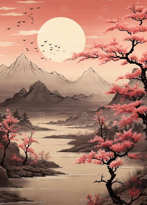 Korean Landscape Painting, Asian Landscape Painting, Korean Scenery, Japanese Mural, Japanese Landscape Art, Asian Scenery, Japanese Posters, Asian Style Art, Asian Artwork