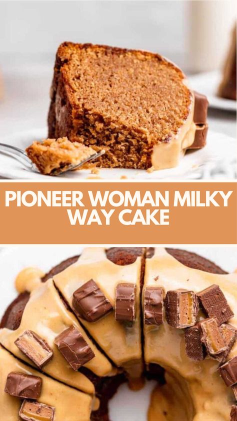 Pioneer Woman Milky Way Cake recipe is made with Milky Way candy bars, butter, sugar, eggs, flour, salt, baking soda, buttermilk, vanilla extract, white chocolate chips, and heavy whipping cream. It takes 90 minutes to make and serves 12 people. Milky Way Cake Recipe, Pioneer Woman Desserts, Milky Way Candy, Milky Way Cake, Pioneer Kitchen, Candy Bar Recipe, Mini Bundt, Pioneer Woman Recipes, Sugar Eggs