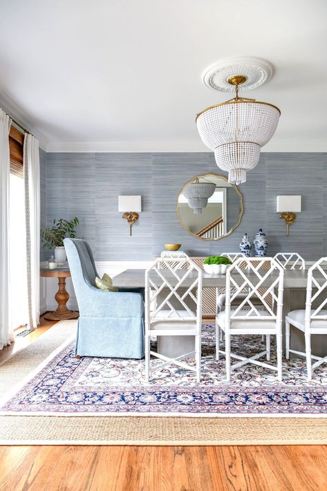 Soft and serene dining space with Philip Jeffries blue, grasscloth walls, soft custom drapes in linen with embroidered trim.  Timeless with a fresh twist. Light Blue Grasscloth Wallpaper Dining Room, Light Blue Grasscloth Wallpaper, Grasscloth Wallpaper Dining Room, Blue Grasscloth Wallpaper, Blue Grasscloth, Wallpaper Dining Room, Wallpaper Dining, Custom Drapes, Embroidered Trim