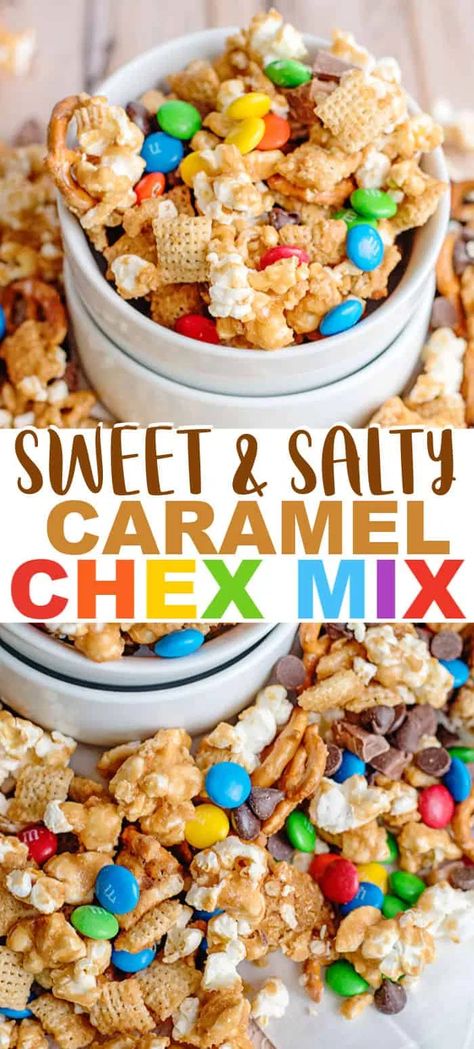 Caramel Chex Mix - Caramel Chex Mix is the perfect mix of salty and sweet to curb your snack cravings. This caramel check mix recipe is loaded with pretzel twists, sweet caramel flavor, Chex, popcorn, and more. It's made with a homemade caramel sauce and is baked in the oven. If you love snack mixes, give this sweet chex mix recipe a try! #cookiedoughandovenmitt #snackrecipe #caramel #snacks #fallrecipes Caramel Snacks, Sweet Chex Mix Recipe, Caramel Chex Mix, Caramel Chex, Chex Mix Recipes Sweet, Sweet Chex Mix, Chex Recipes, Sweet Chex, Fall Snack Mixes