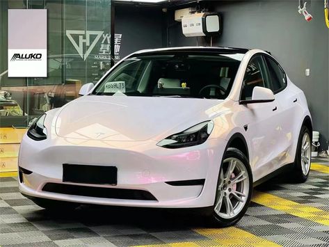 Opal Car Wrap, White Tesla Pink Interior, Cute Car Wraps, Tesla Model X Wrap, Girly Tesla, Tesla Y Wrap, Tesla Model 3 Wrap Ideas, Wrapped Tesla Model 3, Tesla Wraps Model Y