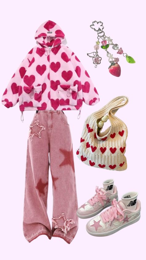 cute heart strawberry girl outfit ideas autumn winter fashion #strawberry #cuteoutfit #cute #japanesestyle #y2k #aesthetic #pink #heart #y2kjeans #stargirl #winteroutfit #winterfashion Aesthetic Pink Heart, Y2k Aesthetic Pink, Heart Strawberry, Outfit Ideas Autumn, Girl Outfit Ideas, Strawberry Girl, Diy Fashion Clothing, Y2k Jeans, Cute Heart