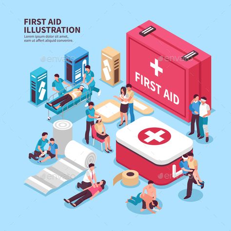 Isometric first aid composition with conceptual images of medicine box and its contents with human characters vector illustration First Aid Poster, Basic First Aid, First Aid Course, Cpr Training, Isometric Design, Medicine Boxes, Isometric Illustration, Basic Knowledge, Best Hospitals