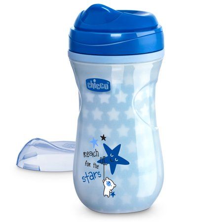 Keep baby's beverage cool and easy to find with the Chicco Glow In The Dark Insulated Rim Spout Trainer Sippy Cup. The double-wall design keeps drinks cooler longer and prevents sweating, and the narrow-edge spout is designed to train toddlers to drink from the rim of a cup. With a unique ergonomic design, this bite-proof spout encourages proper lower lip positioning with plenty of space for little noses. Spills have never been easier to avoid. With the one-piece construction silicone valve in p Baby Dishes, Baby Drinks, Lower Lip, Sippy Cups, Beverage Cooler, Reaching For The Stars, Baby Bottle, Tiny Hand, Sippy Cup