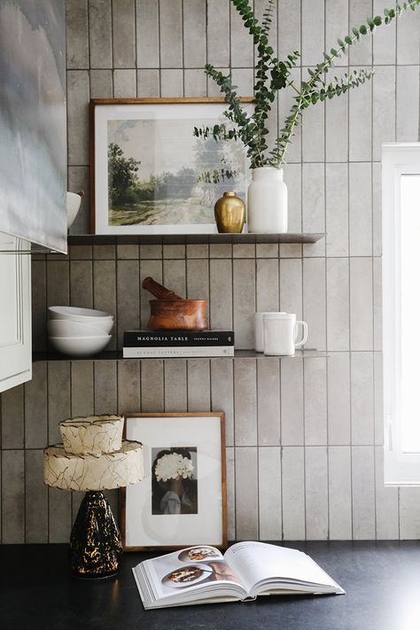 4 Design Lessons for Renovating Your Grandma's Kitchen Rustic Tile Kitchen Backsplash, Mid Century Farmhouse Kitchen, Vertical Tile Kitchen, Vertical Subway Tile Kitchen, Mid Century Backsplash, Kitchen Townhouse, Ottawa House, Dry Kitchen, Midcentury Kitchen