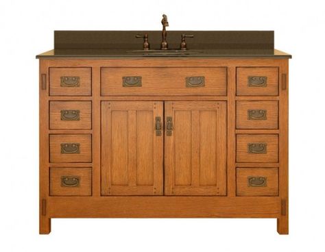 This rustic vanity by Sagehill embodies Craftsman style Mission Style Bathroom, Craftsman Style Bathrooms, Mission Style Kitchens, Bathroom Vanity Style, Craftsman Style Furniture, Future Bathroom, Craftsman Bathroom, Simple Bathroom Remodel, Mission Style Furniture