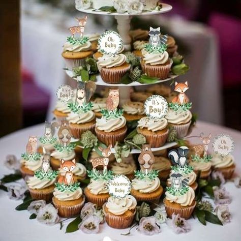 Wildlife Cupcake Ideas, Woodland Forest Cupcakes, Forest Animals Cupcakes, Cupcake Display Baby Shower Ideas, Woodland Cupcakes Baby Boy, Woodland Birthday Cupcakes, Woodland Cupcake Ideas, Baby Boy Shower Cupcake Ideas, Woodlands Cupcakes