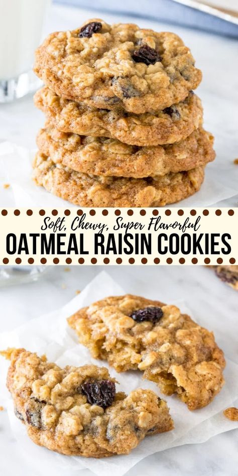 These classic oatmeal raisin cookies are made with brown sugar, cinnamon, vanilla and lots of oats. They're soft and chewy, never dry, and definitely win in the flavor and texture categories for the perfect, homemade oatmeal raisin cookie. #oatmealraisin #cookies #easy #oldfashioned #homemade #cinnamon #chewy #soft #recipe #flavorful #oats #rolledoats Soft Oatmeal Raisin Cookies, Homemade Oatmeal Raisin Cookies, Handmade Closet, Resep Oatmeal, Best Oatmeal Raisin Cookies, Recetas Salvadorenas, Oatmeal Raisin Cookie, Raisin Cookie, Oatmeal Raisin Cookies Chewy