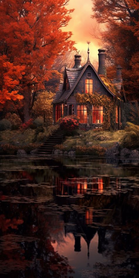 Fall Victorian House, Autumn Fantasy Aesthetic, Fall Scenery Autumn Scenes, Thanksgiving Scenes, Fall Lake House, Fantasy Autumn, Autumn Cabin, Autumn Gardening, Fall Scenes