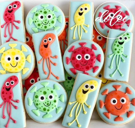 #bacteria #germs #verycustomcookies #getyourflushot #decoratedcookies #decoratedsugarcookies #royalicing #royalicingcookies #instacookies… Coastal Food, Medical Theme, Cookie Business, Graduation Cookies, Cookie Swap, Christmas Sugar Cookies, Sweet Pastries, Graduation Cakes, Icing Cookies