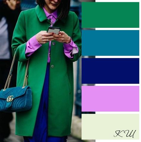 Colors That Go With Green Outfits, Like Green Outfit, Green Color Combinations Clothes, Green Colour Combinations, Fashion Color Palette, Green Coat Outfit, Blue Top Outfit, Bright Winter Outfits, Dark Green Coat