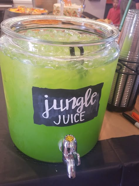 Green juice great for a jungle themed party. Made from green Hawaiian Punch, 2 liter of Sprite and two cans of pineapple juice. Jungle Themed Party, Jungle Juice Recipe, Wild Birthday Party, Hawaiian Punch, Jungle Juice, Juice Recipe, Green Juice, Pineapple Juice, Themed Party