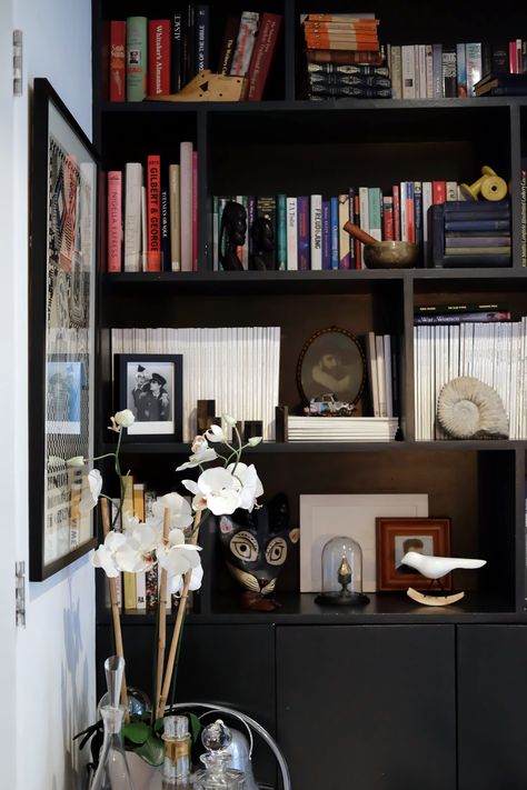 Black Bookcase Aesthetic, Dark Furniture Apartment, Black Bookcase Decor, Black Book Shelf Aesthetic, Black Bookcase Styling, Moody Bookshelf, Bookcase Aesthetic, Black Bookcases, Black Bookshelves