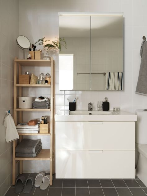 GODMORGON / ODENSVIK sink cabinet with 2 drawers, brown stained ash effect/Dalskär faucet, 401/2x191/4x251/4" - IKEA Ikea Godmorgon, Ikea Finds, Ikea Catalog, Tempered Glass Shelves, Mirror Cabinet, Sink Cabinet, 2 Doors, Bathroom Style, Mirror Cabinets