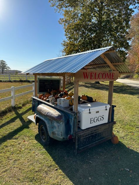 Roadside Stall Farm Stand, Produce Trailer Ideas, Vegetable Stands Roadside, Farmers Market Trailer Farm Stand, Roadside Stand On Wheels, Vegetable Stand Ideas Farmers' Market, Farm Roadside Stand, Egg And Produce Stand, Self Serve Chicken Egg Stand