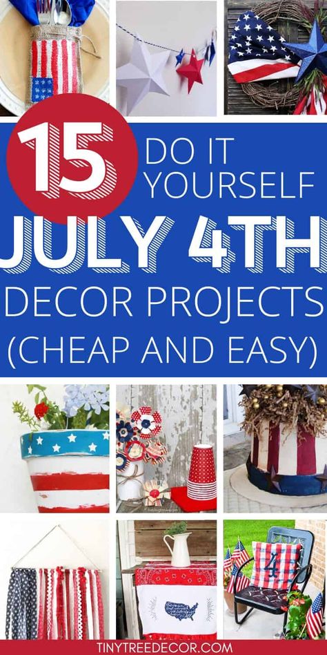 CHEAP DIY 4TH OF JULY PROJECTS AND DECOR. Need some quick and fun patriotic crafts to decorate your home with? There are dollar tree ideas, outdoor ideas, place settings and more! July 4th decor. Patriotic Crafts Diy Simple, 4th Of July Diy Decorations, Dollar Tree 4th Of July Crafts, 4 Th Of July Crafts, Diy July 4th Decorations, Elder Crafts, Diy Fourth Of July Decorations, Diy 4th Of July Decorations, Diy Patriotic Decor