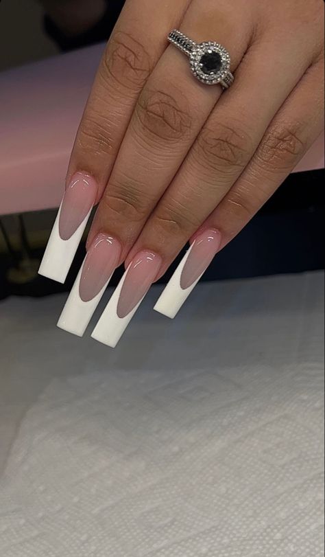 I Long White Acrylic Nails French Tips, White French Tip Tapered Square Nails, Square Long Nails French Tip, French On Long Nails, Medium Long French Tip Acrylic Nails, Deep French Tip Nails Square Long, Long Tapered Square Acrylic Nails French Tip, Frenchies Acrylic Nails White, Long Acrylic Nails White French Tip