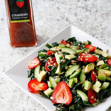 Strawberry Kale Salad Recipe - Olivelle | The Art of Flavor® Strawberry Balsamic Vinegar, Strawberry Kale Salad, Recipe Gift, Recipe For Summer, Strawberry Balsamic, Kale Salad Recipes, White Balsamic Vinegar, Strawberry Fruit, Creamy Cheese