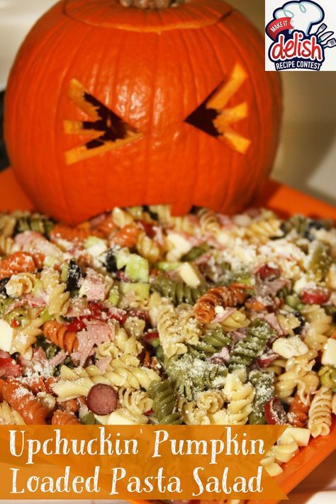 UpChuckin' Pumpkin Loaded Pasta Salad -a fun gross out fall side dish! Loaded Pasta Salad, Loaded Pasta, Halloween Potluck, Halloween Pasta, Autumn Side Dishes, Halloween Dishes, Halloween Appetizers, Food Contest, Games Diy