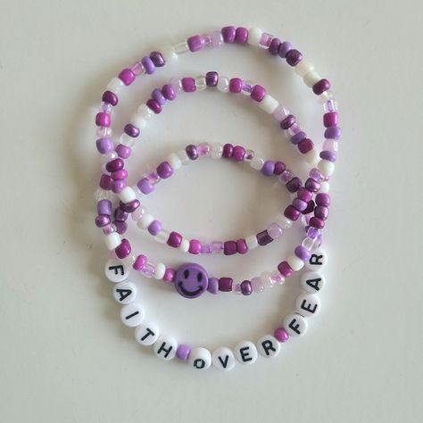 Faith Over Fear Purple Beaded Bracelet Set. Made With Seed Beads, Acrylic Beads, And Letter Beads. Strung On Strong Stretch Cord. Brand New Condition. Layering Bracelets. Length: 7" Ships Next Business Day Offers Are Welcome Seed Bead Bracelet Sets, Layering Bracelets, Colorful Bead Bracelets, Purple Beaded Bracelets, Faith Bracelet, Bracelet Inspo, String Bracelets, Halloween Bracelet, Purple Beaded