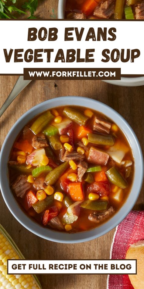 If you want a cozy and yummy bowl of soup, try Bob Evans Vegetable Soup Recipe. Imagine a hot pot full of tasty vegetables, yummy broth, and a flavour that feels like a food hug. #VegetableSoup #souprecipes Copycat Bob Evans Beef Vegetable Soup, Bob Evans Vegetable Beef Soup Recipe, Bob Evans Vegetable Beef Soup, Stovetop Vegetable Soup, Bob Evans Chili Recipe, Bob Evans Bean Soup Recipe, Vegetable Soup Seasoning, Veg Beef Soup, Bob Evans Recipes