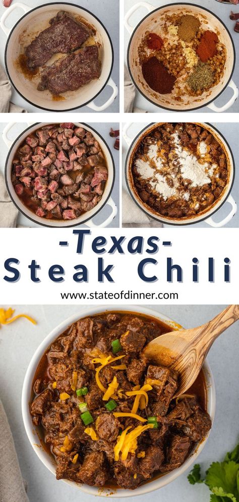 Step by step photos of how to make Texas steak chili, followed by a bowl of chili. Chili Recipe No Tomatoes, Texas Red Chili, Steak Chili Recipe, Texas Steak, Texas Chili Recipe, Steak Chili, Bowl Of Chili, Homemade Chili Recipe, Green Chili Recipes