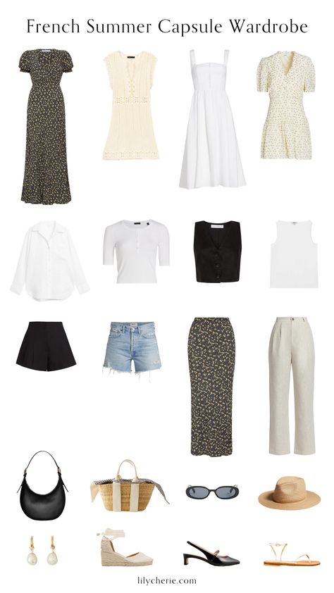 French Summer Wardrobe, Spring Summer 2024 Capsule Wardrobe, Clean Girl Capsule Wardrobe, French Girl Capsule Wardrobe, Clean Summer Outfit, Romantic Capsule Wardrobe, French Outfit Summer, Parisian Style Women, French Girl Summer Style