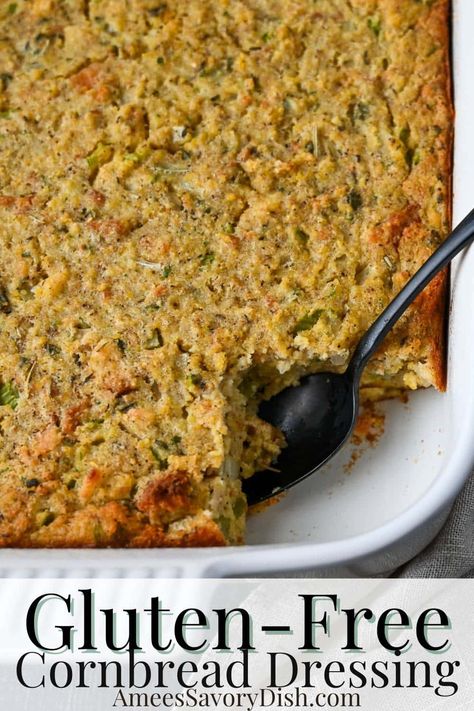 This gluten-free cornbread dressing offers a delicious alternative to a traditional Southern favorite. You won’t even notice the difference!  via @Ameessavorydish Gluten Free Side Dish For Thanksgiving, Paleo Dressing Thanksgiving, Best Gluten Free Cornbread Recipe, Homemade Gluten Free Cornbread, Gluten Free Thanksgiving Dressing, Gf Dressing Thanksgiving, Gluten Free Cornbread Stuffing Recipes, Cornbread Dressing Gluten Free, Keto Cornbread Dressing