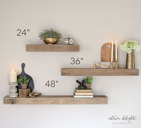 These unique and custom built shelves will be a beautiful and timeless addition to your home. Use them to hold decorative accents and create an eye catching vignette in your home. These shelves are uniquely built here in the USA . Each shelf is sold separately and shipped from a separate location from the rest of your order. Please expect two weeks for your order to ship. LARGE: 48" long x 3" tall x 5.5" deep MEDIUM: 36" long x 3" tall x 5.5" deep SMALL: 24" long x 3" tall x 5.5" deep SHELVES AR Floating Shelves On Big Wall, 3 Wall Shelves, Floating Shelf Configuration, Floating Shelves For Plants Living Room, Styling Shelf Living Room, Room Floating Shelf Ideas, Floating Shelf Decorating Ideas, Hanging 3 Shelves Layout, Living Room Wood Shelves