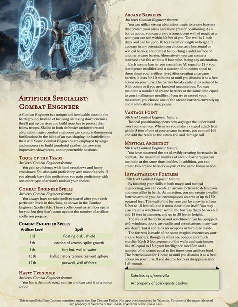 Artificer Specialist: Combat Engineer. Become an architect of the battlefield with magical barriers and stairs that get you to the high ground. : UnearthedArcana Dnd Artificer Character Design, Dnd Artificer, Combat Engineer, D D Classes, Dnd Stories, D D Character Ideas, Dnd Classes, Dnd Races, Dnd Funny