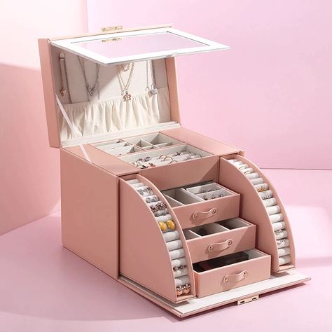 Casegrace New Design Luxury Large Jewelry Box With Mirror Display Storage Casket Earring Ring Jewellery Organizer Gift Boxes|Jewelry Packaging & Display| - AliExpress Desktop Storage Drawers, Jewelry Box With Lock, Pink Jewelry Box, Desain Pantry, Jewelry Box Mirror, Jewelry Display Box, Large Jewelry Box, Necklace Storage, Organization Gifts