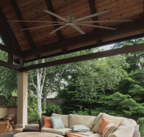 The Best Outdoor Ceiling Fans for Every Deck and Patio Style Outdoor Ceiling Fans Covered Patios Modern, Modern Outdoor Ceiling Fan, Outside Fans For Porch, Back Porch Ceiling Fan, Porch Ceiling Fans Covered Patios, Porch Fan Ideas, Under Deck Ceiling Fan, Large Outdoor Ceiling Fans, Outdoor Chandeliers Covered Patios