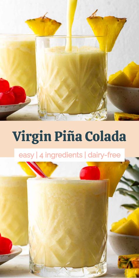 This virgin piña colada recipe has all of the tropical goodness you’re craving this summer. With juicy pineapple and luscious coconut flavors, this mocktail is thick, creamy, and so fun to drink, even without a drop of alcohol! Tasty Drinks Non Alcoholic, Virgin Pina Colada Recipe Non Alcoholic, Easy Pina Colada Recipe Non Alcoholic, Non Alcoholic Pina Colada Recipe, Piña Colada Virgin, No Alcoholic Drinks, Pina Colada Recipe Non Alcoholic, Virgin Pina Colada Recipe, Virgin Piña Colada