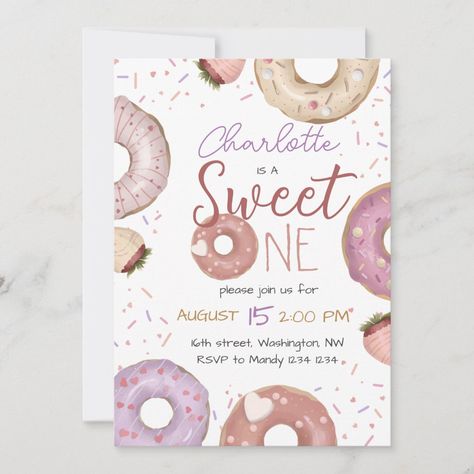 Donut Sweet One Birthday Invitation Candy Land Invitation, Sweet One Birthday Party, Sweet One 1st Birthday, Candyland Invitations, Donut Invitation, Cupcake Invitations, Sweet One Birthday, Pastel Cupcakes, 1st Birthday Party Invitations