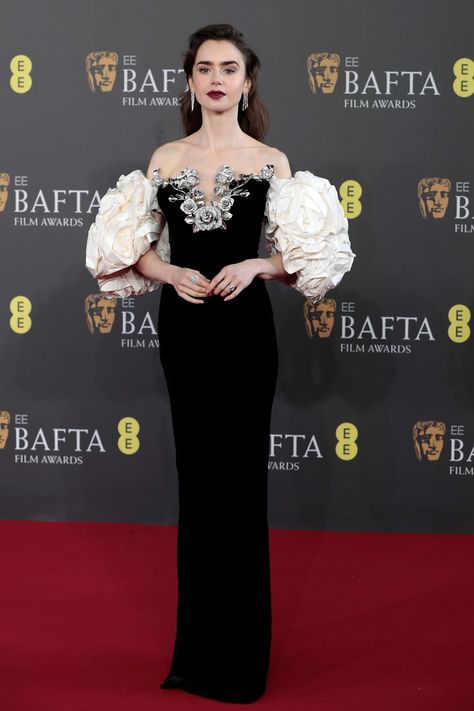 Lily Collins Stuns in Glamorous, Rose-Themed Gown on the 2024 BAFTA Awards Red Carpet - Parade Lily Collins Red Carpet, Bafta Red Carpet, Tamara Ralph, Lily Collins Style, Emily In Paris, Armani Prive, Celebrity Red Carpet, Lily Collins, Emma Stone