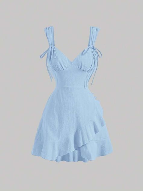 Free Returns ✓ Free Shipping✓. SHEIN MOD Tie Shoulder Ruffle Trim Wrap Hem Cami Dress- Women Dresses at SHEIN. Baby Blue Sundress, Sky Blue Dress Casual, Short Light Blue Dress, Guest Aesthetic, Blue Cami Dress, Light Blue Dress Short, Bday Dress, Damas Dresses, Comfy Jumpsuits